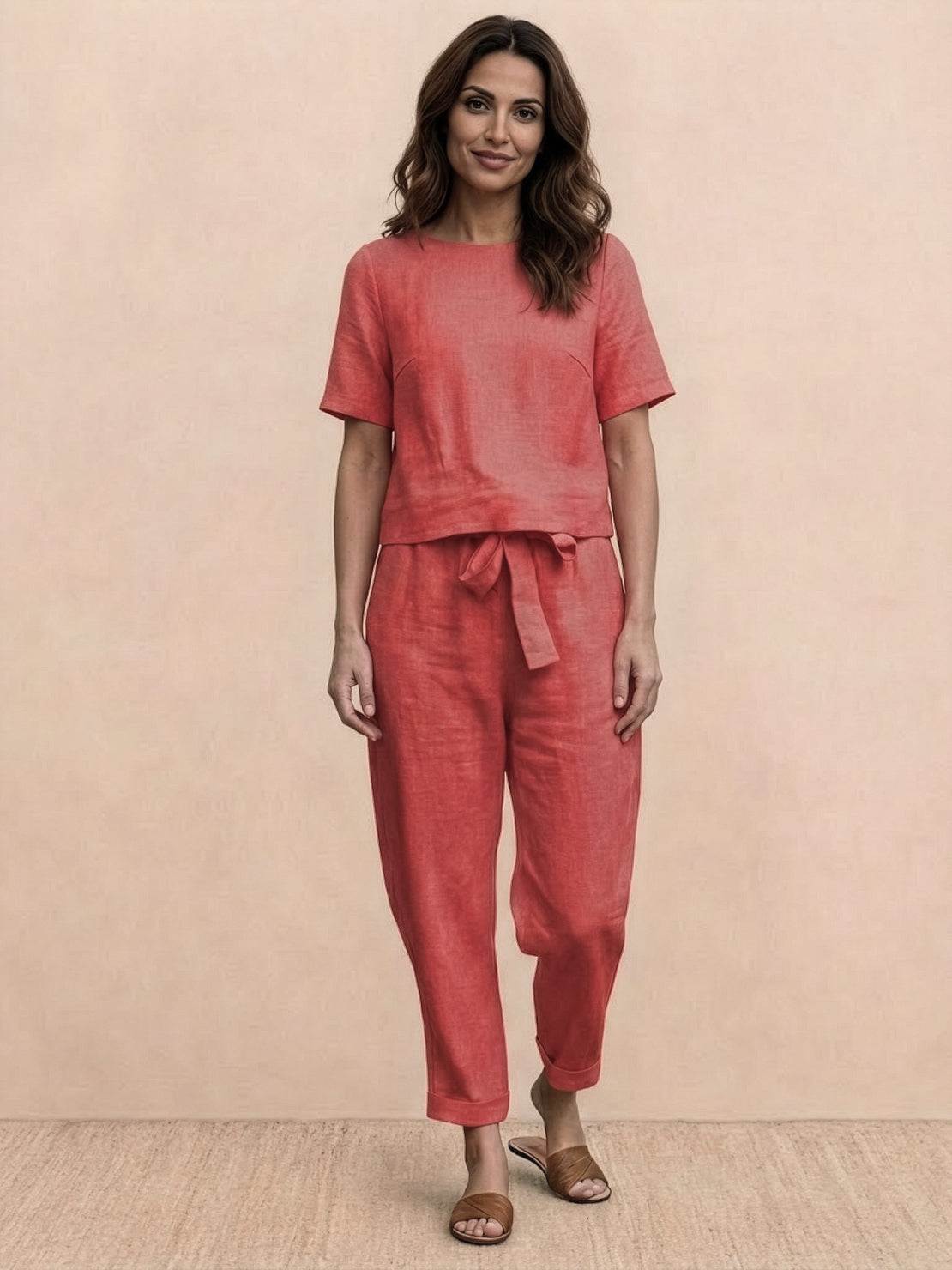 Cotton-linen blend monochrome two-piece set breathable lightweight outfit