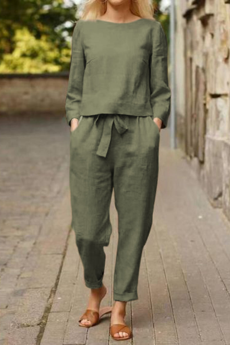 Cotton-linen monochrome relaxed longline top and wide-leg pants set in olive green outdoors