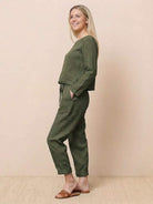 Cotton-linen monochrome relaxed longline top and wide-leg pants set in neutral tones