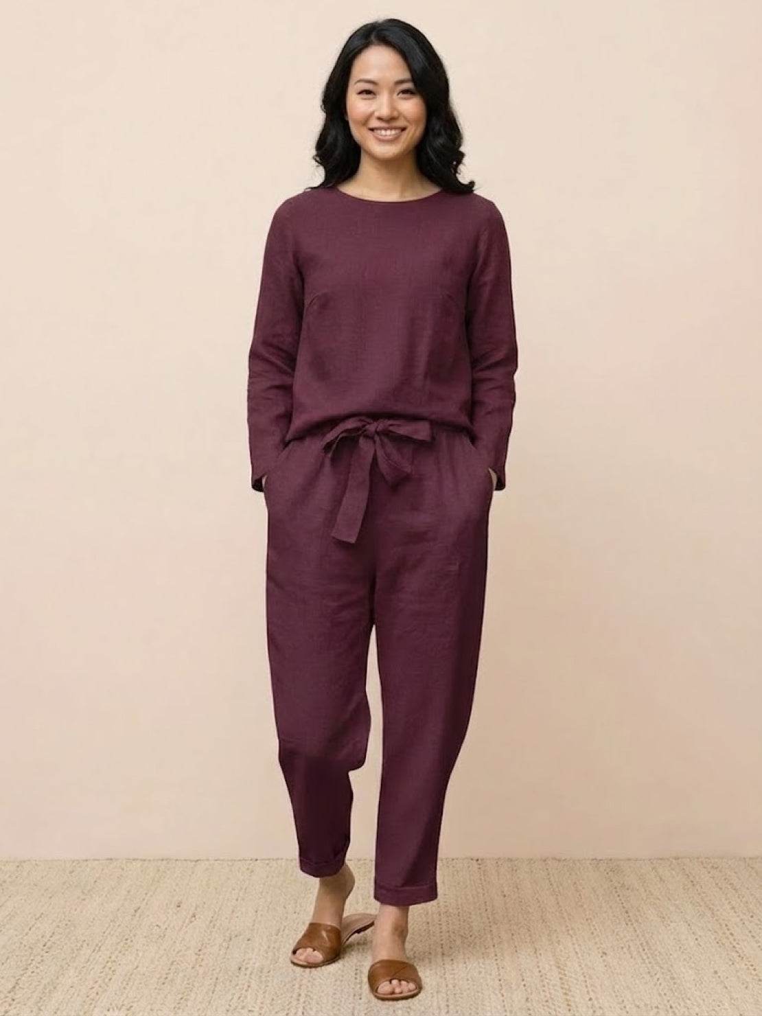 Cotton-linen monochrome relaxed longline top and wide-leg pants set for versatile layered styling