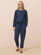 Cotton-linen monochrome relaxed longline top and wide-leg pants set in neutral tones