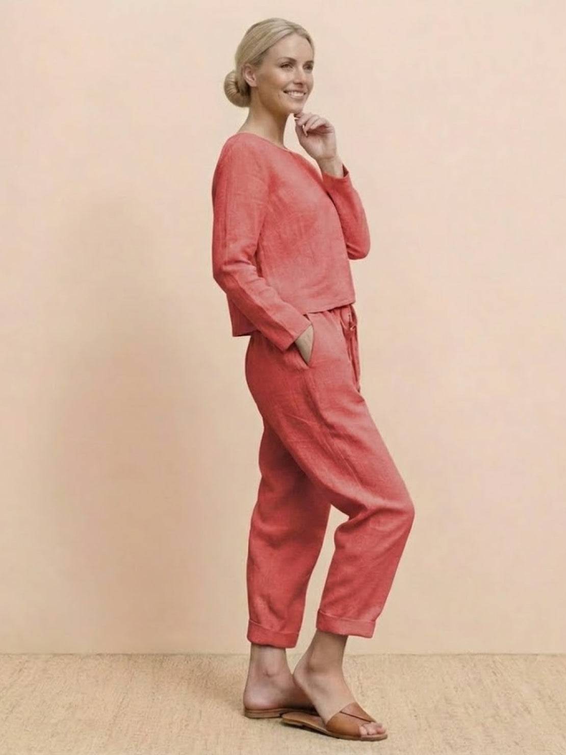 Cotton-linen monochrome relaxed longline top and wide-leg pants set in neutral tones