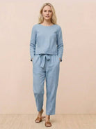 Cotton-linen monochrome two-piece set with relaxed longline top and wide-leg pants