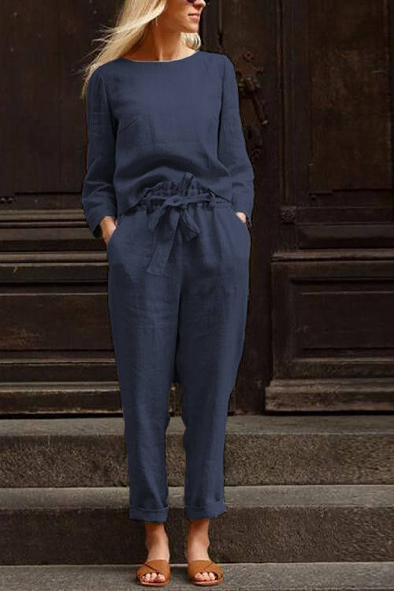 Cotton-linen monochrome navy longline top and wide-leg pants set for versatile, relaxed wear