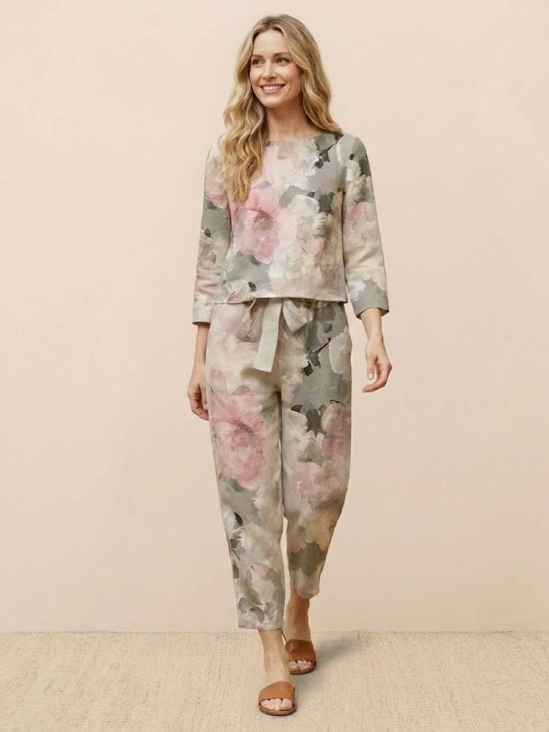 Woman wearing cotton-linen monochrome longline top and wide-leg pants set