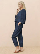 Cotton-linen monochrome set with relaxed longline top and wide-leg pants