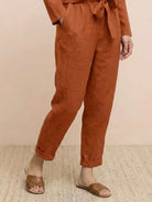 Cotton-linen monochrome women's relaxed longline top and wide-leg pants set in neutral tones