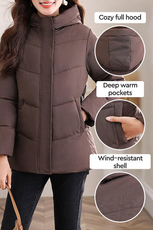 Everyday Warmth Coat mid-length hooded coat with cozy hood, deep warm pockets, and wind-resistant shell in brown.