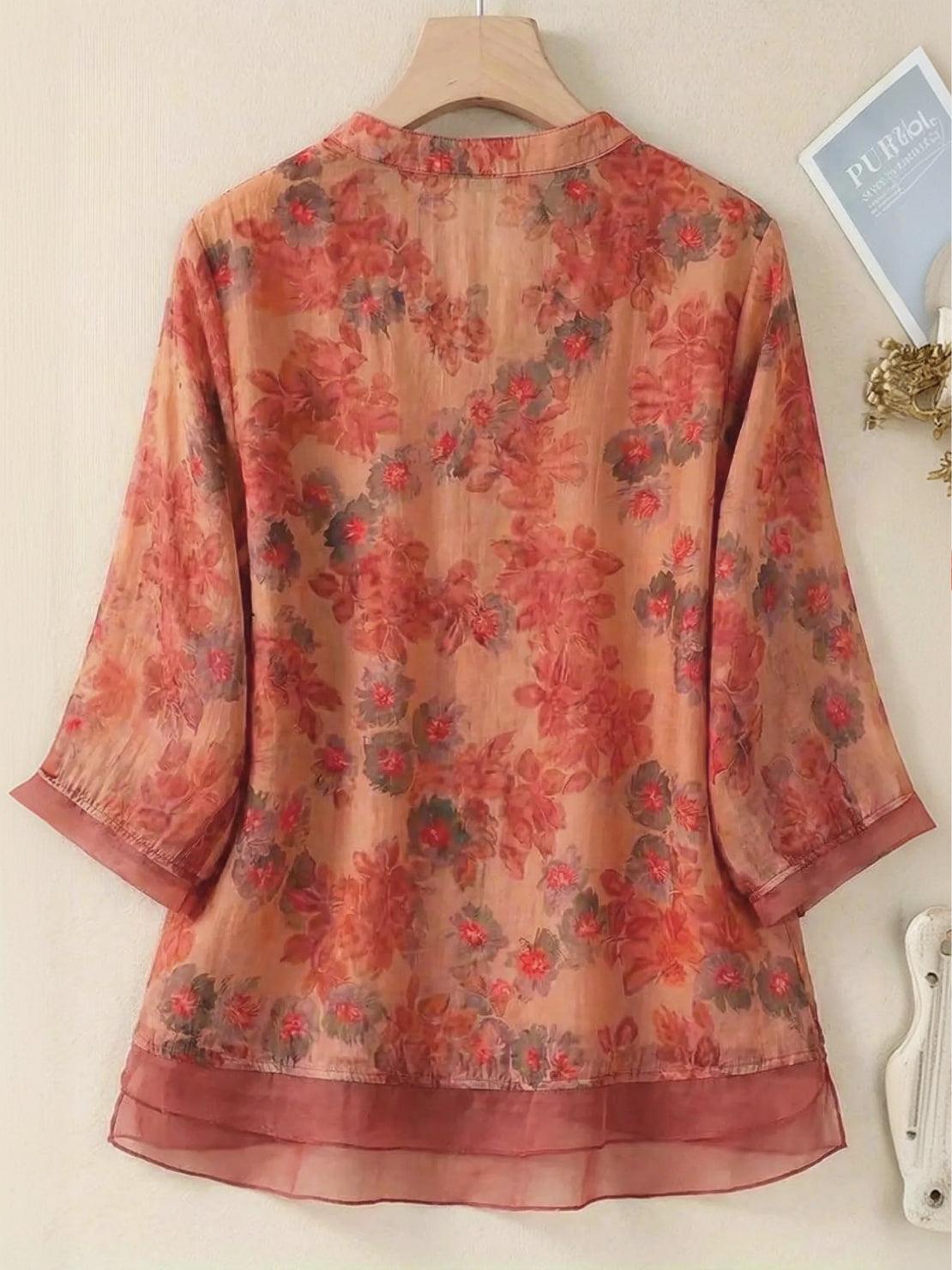 French boutique style elegant organza floral print blouse with lightweight breathable fabric