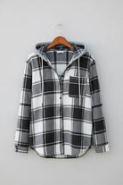 Highland Plaid Shacket black and white plaid button-front overshirt with hood and chest pocket.