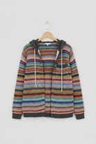 Highland Plaid Shacket with hood and button-front closure in multicolor striped pattern
