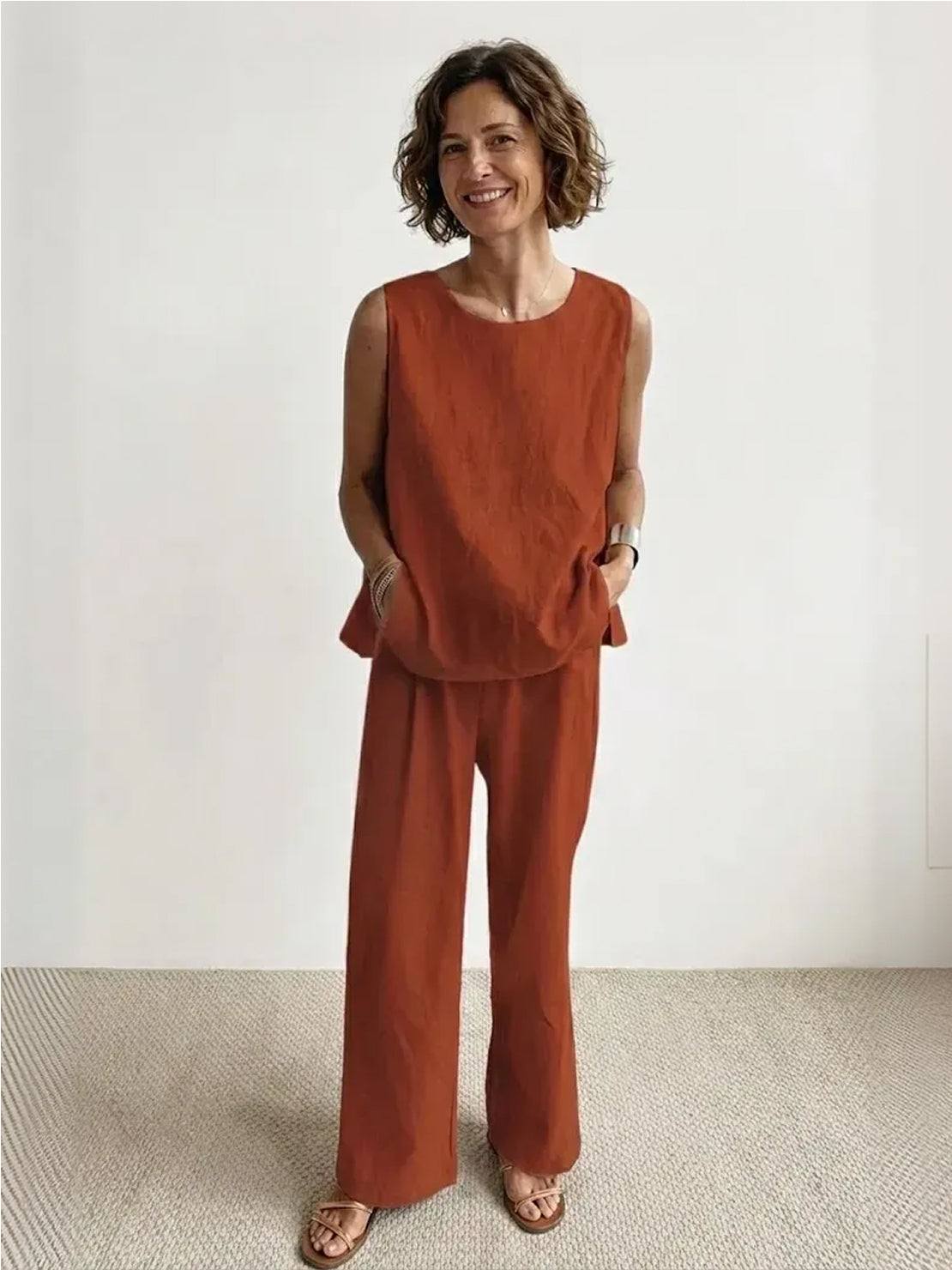 Loose solid color sleeveless two-piece set with oversized fit and breathable cotton blend fabric