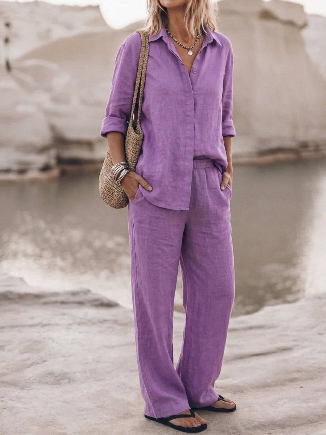 Model wearing an oversized 100% cotton shirt and wide-leg pants co-ord set in a relaxed fit.