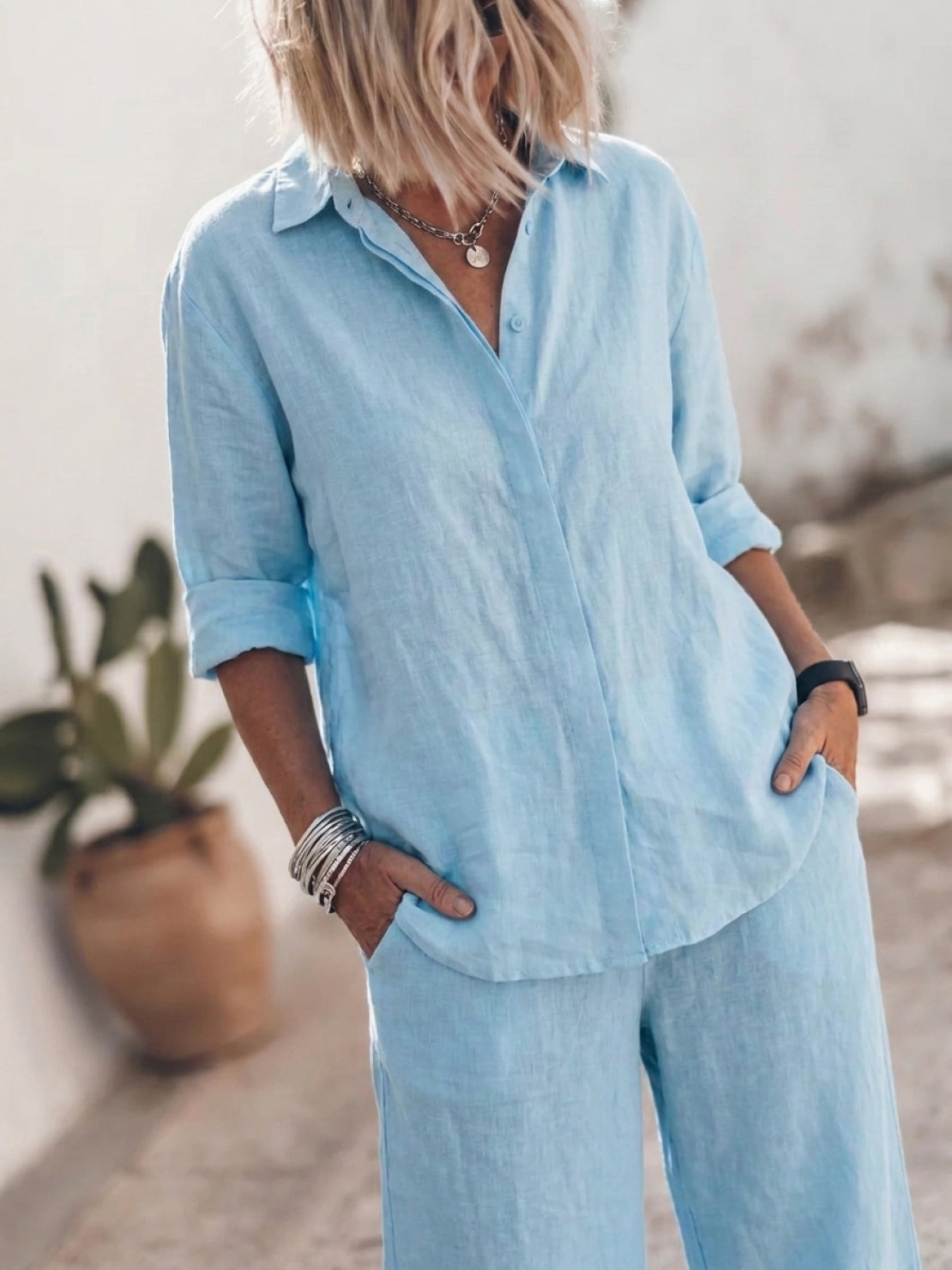 model wearing oversized 100 cotton shirt and wide-leg pants co-ord set