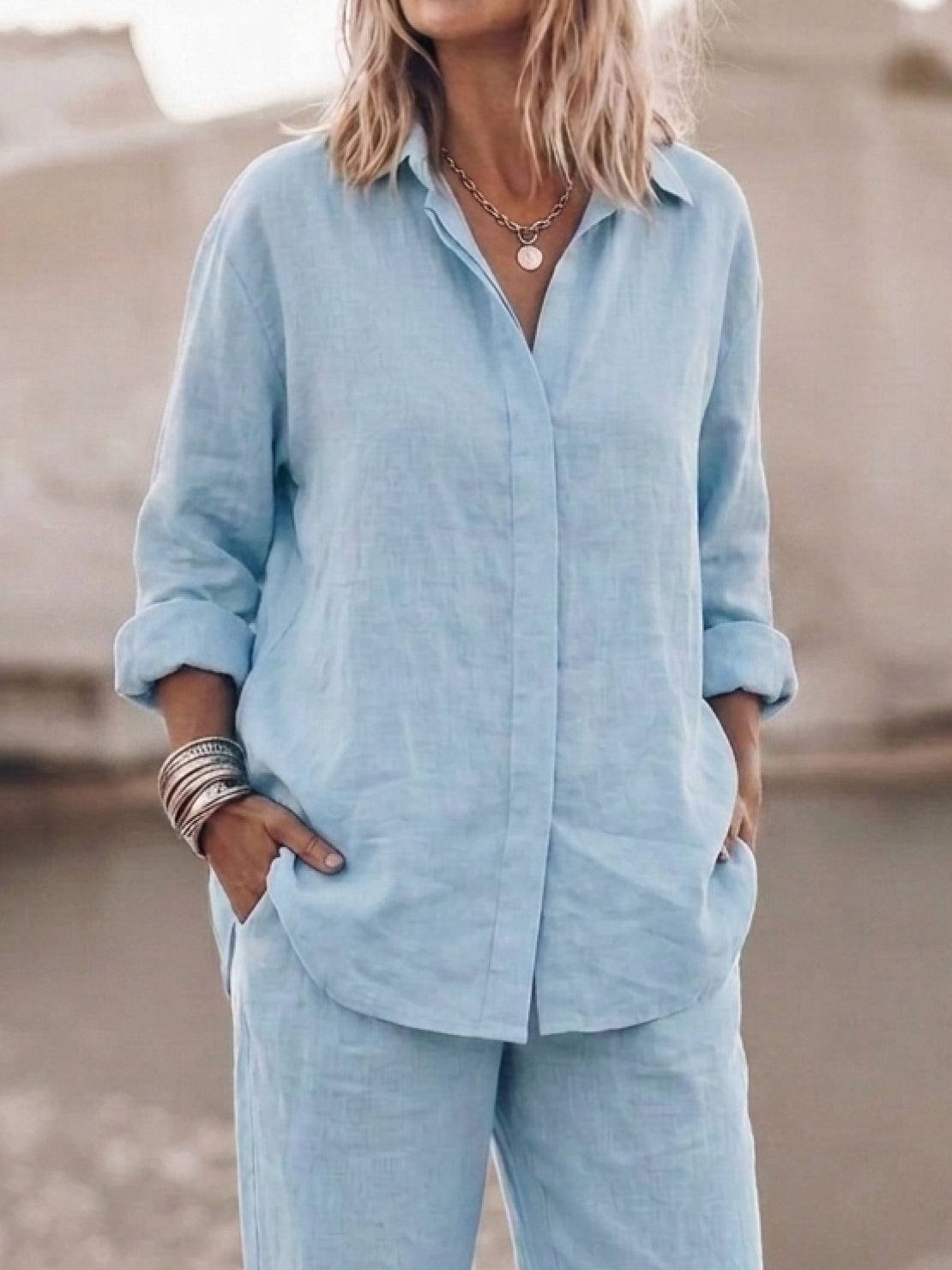 Model wearing oversized 100% cotton shirt with wide-leg pants co-ord set in relaxed fit