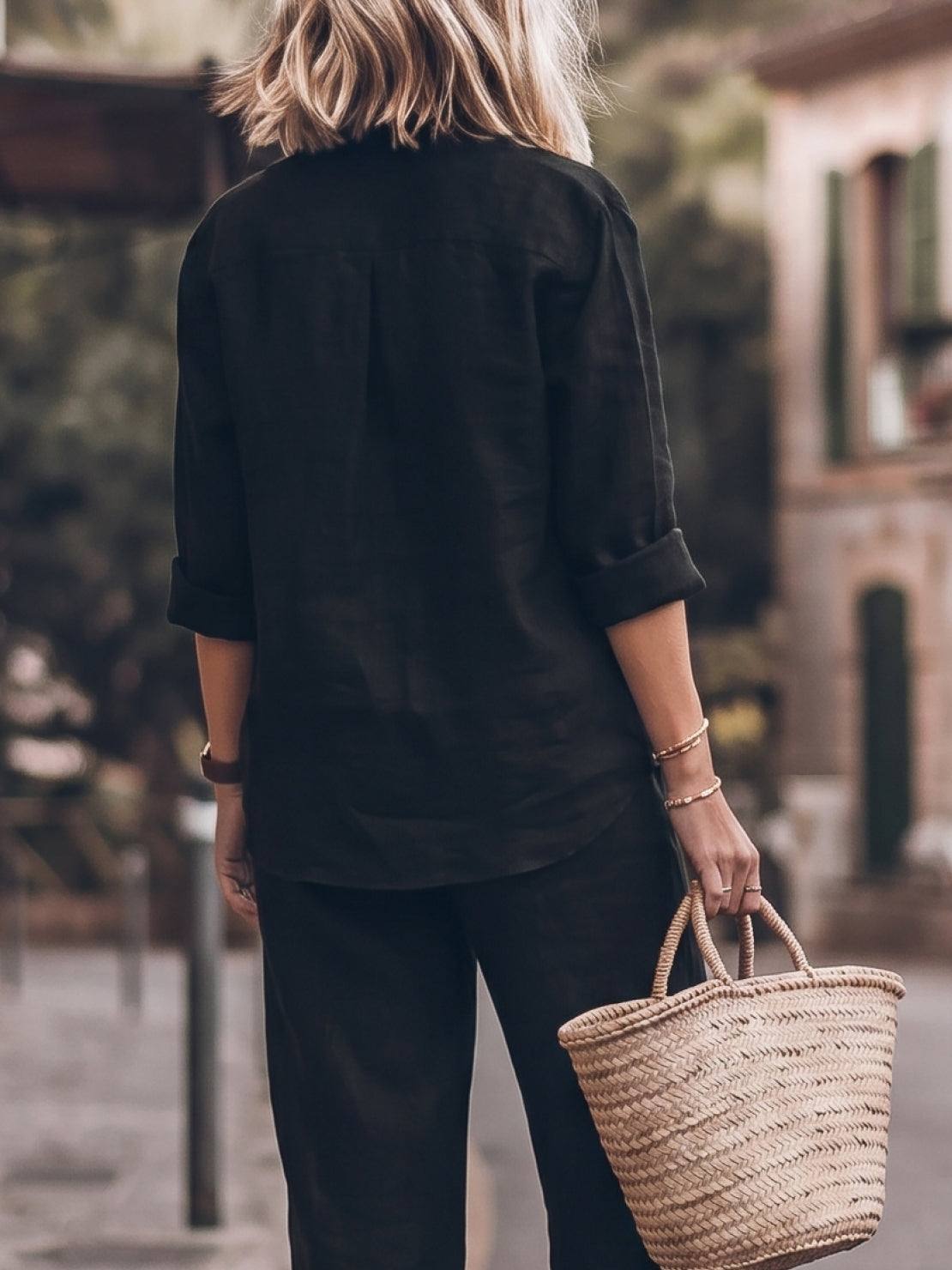 Model wearing oversized 100% cotton shirt and wide-leg pants co-ord set in relaxed fit