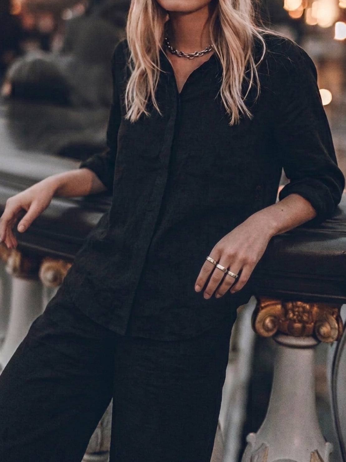 Model wearing oversized 100% cotton shirt with wide-leg pants co-ord set in a relaxed fit