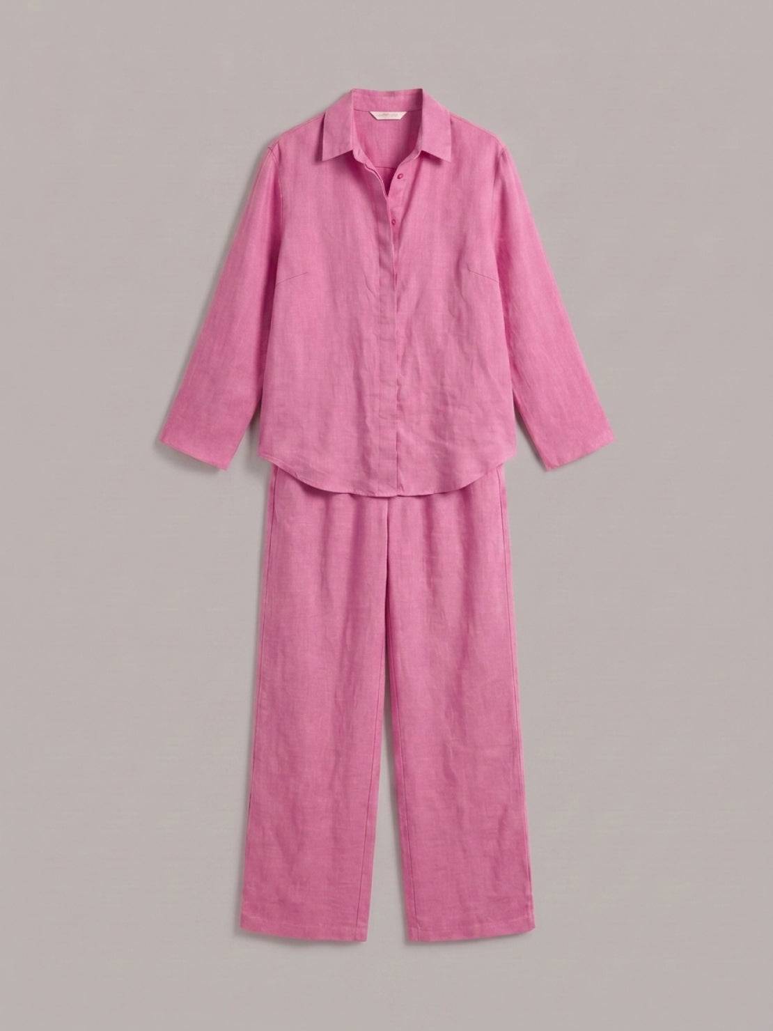 Model wearing an oversized 100% cotton shirt and wide-leg pants co-ord set in a relaxed style