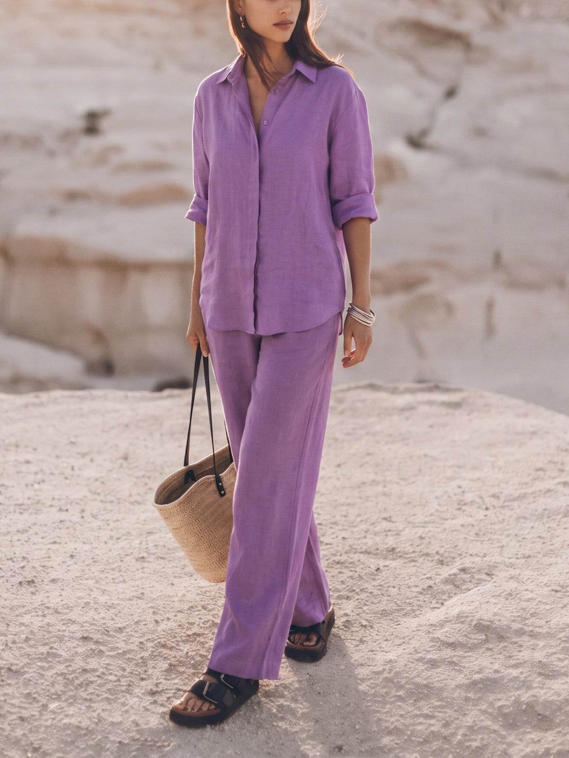 Model wearing an oversized 100% cotton shirt and wide-leg pants co-ord set in a relaxed, breathable style