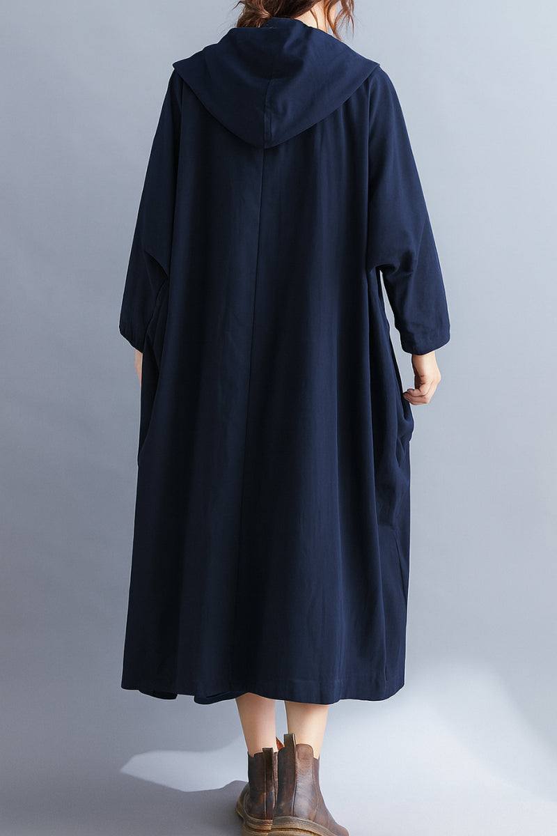 Oversized navy waterproof windbreaker jacket with hood and longline design