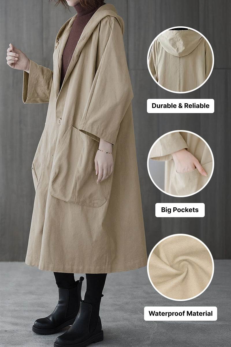 Heritage windbreaker jacket oversized beige waterproof coat with hood and large pockets