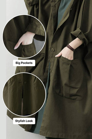 Oversized waterproof windbreaker jacket with big pockets and stylish look in dark green