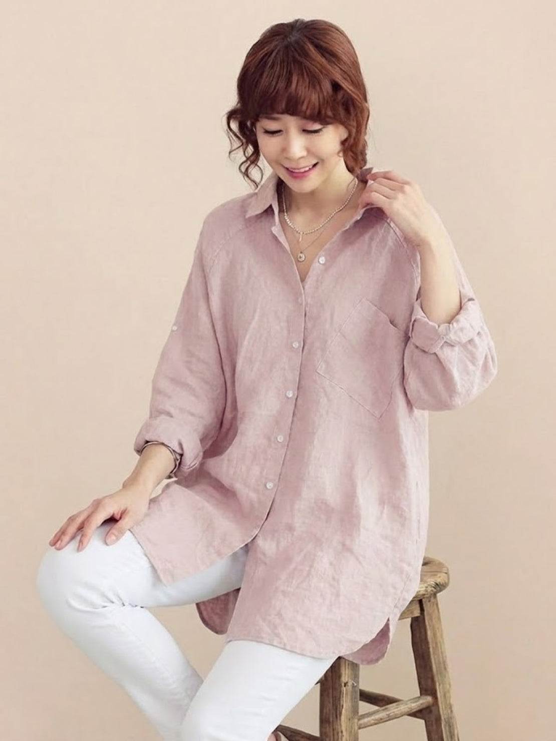 Oversized linen shirt white breathable cotton blend with relaxed fit and back button detailing