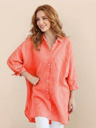 Oversized linen shirt with relaxed fit and back button detail in soft breathable cotton-linen blend