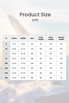 Oversized linen shirt size chart with bust, front length, back length, and sleeve measurements in cm for sizes S to 5XL