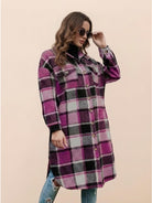 Oversized medium-length blue plaid overshirt jacket with relaxed fit and wool-blend fabric