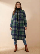 Oversized medium-length blue plaid overshirt wool-blend relaxed fit with pockets