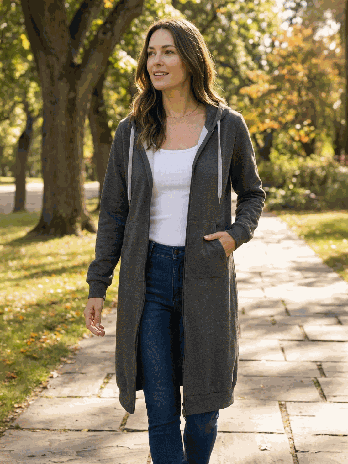 Oversized long zip sweatshirt hoodie with fleece lining and drawstring hood in solid color