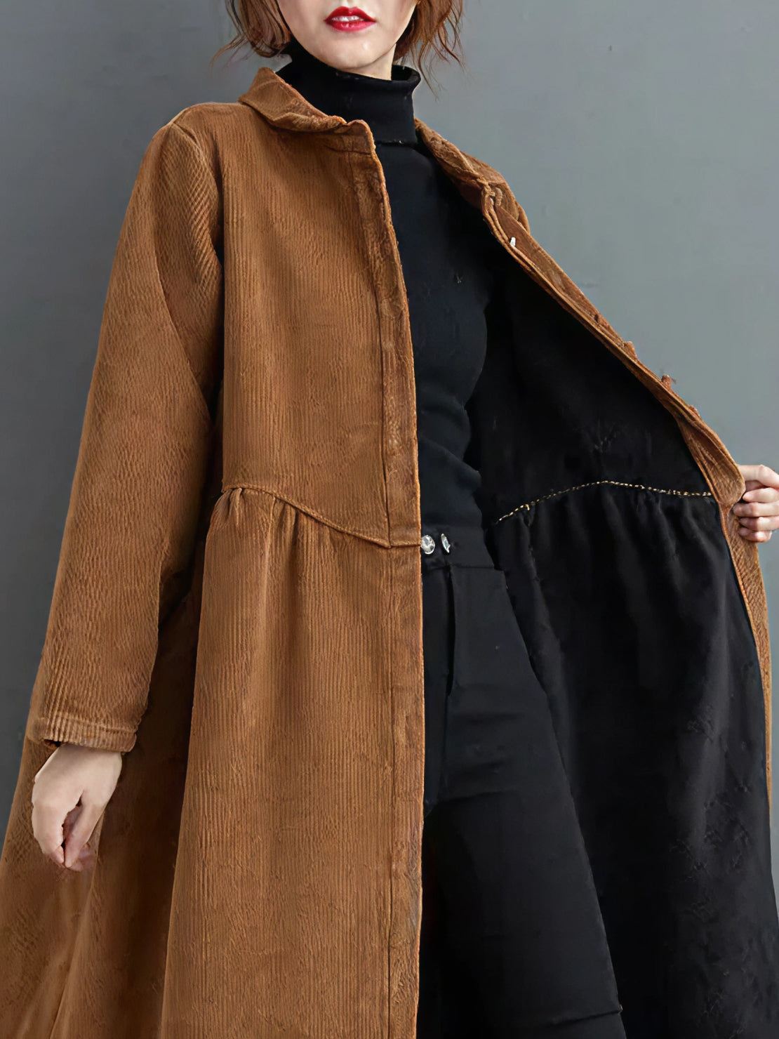 Oversized vintage corduroy coat in warm earth tones with rich texture and classic fit