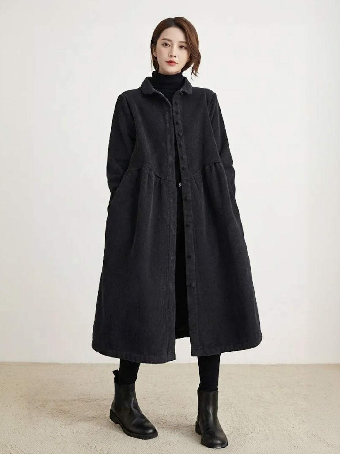 Oversized vintage corduroy coat in warm earth tones with thick textured fabric and classic fit