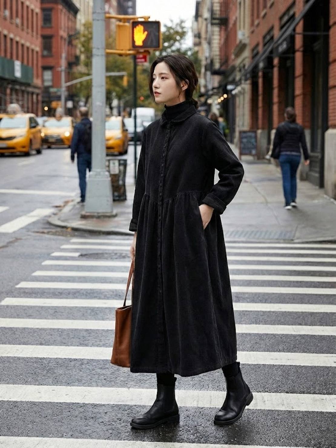 Oversized vintage corduroy coat in warm earth tones with thick texture and deep pockets for winter warmth