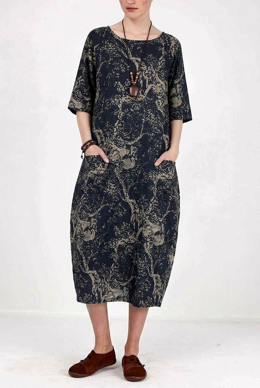 Blue Japanese porcelain print midi dress with 3/4 sleeves and oversized pockets