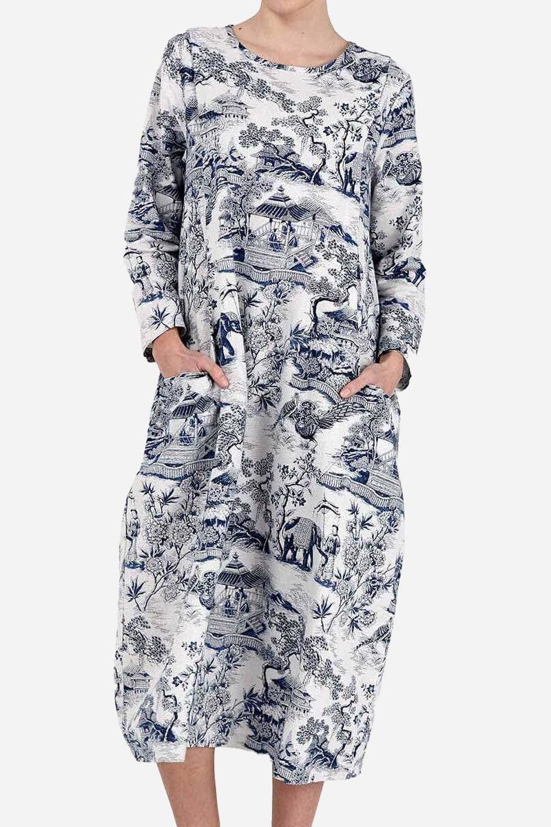 blue midi dress with Japanese porcelain print and oversized pockets