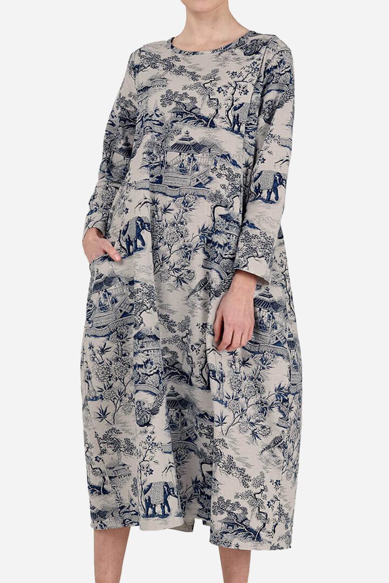 Blue Japanese porcelain print midi dress with 3/4 sleeves and oversized pockets for a relaxed fit