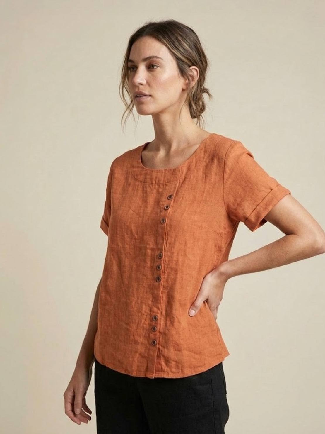 Relaxed Fit Linen Button-Up Tee with breathable cotton and stylish button accent for comfort and chic look