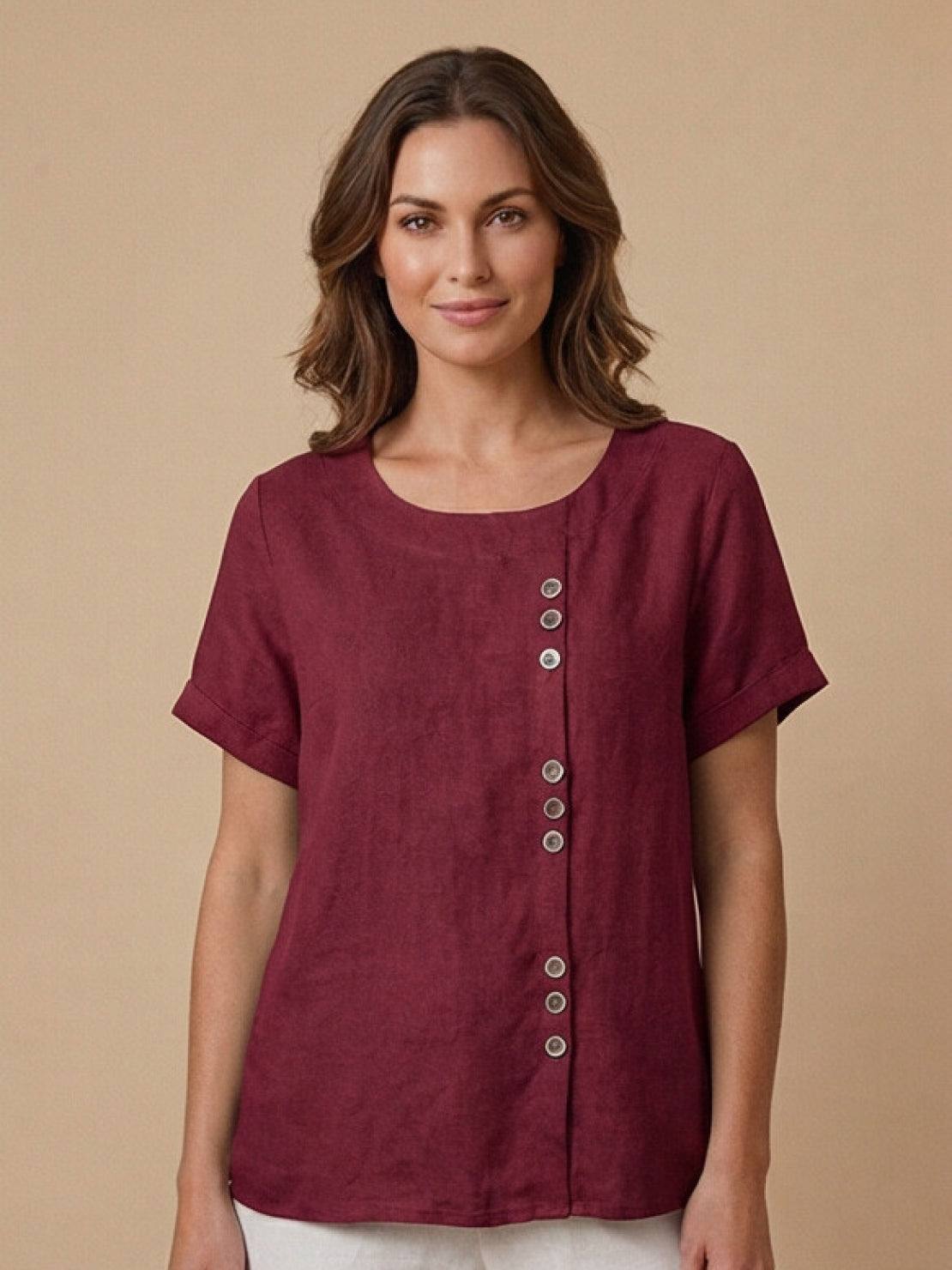 Relaxed Fit Linen Button-Up Tee with breathable cotton linen fabric and stylish button detail