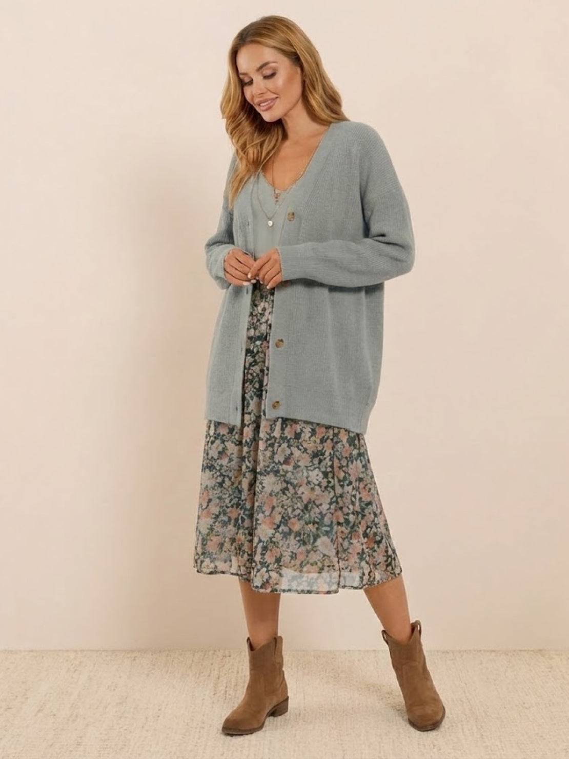 relaxed fit oversized button down knitwear cardigan in light grey worn with floral midi skirt and brown ankle boots