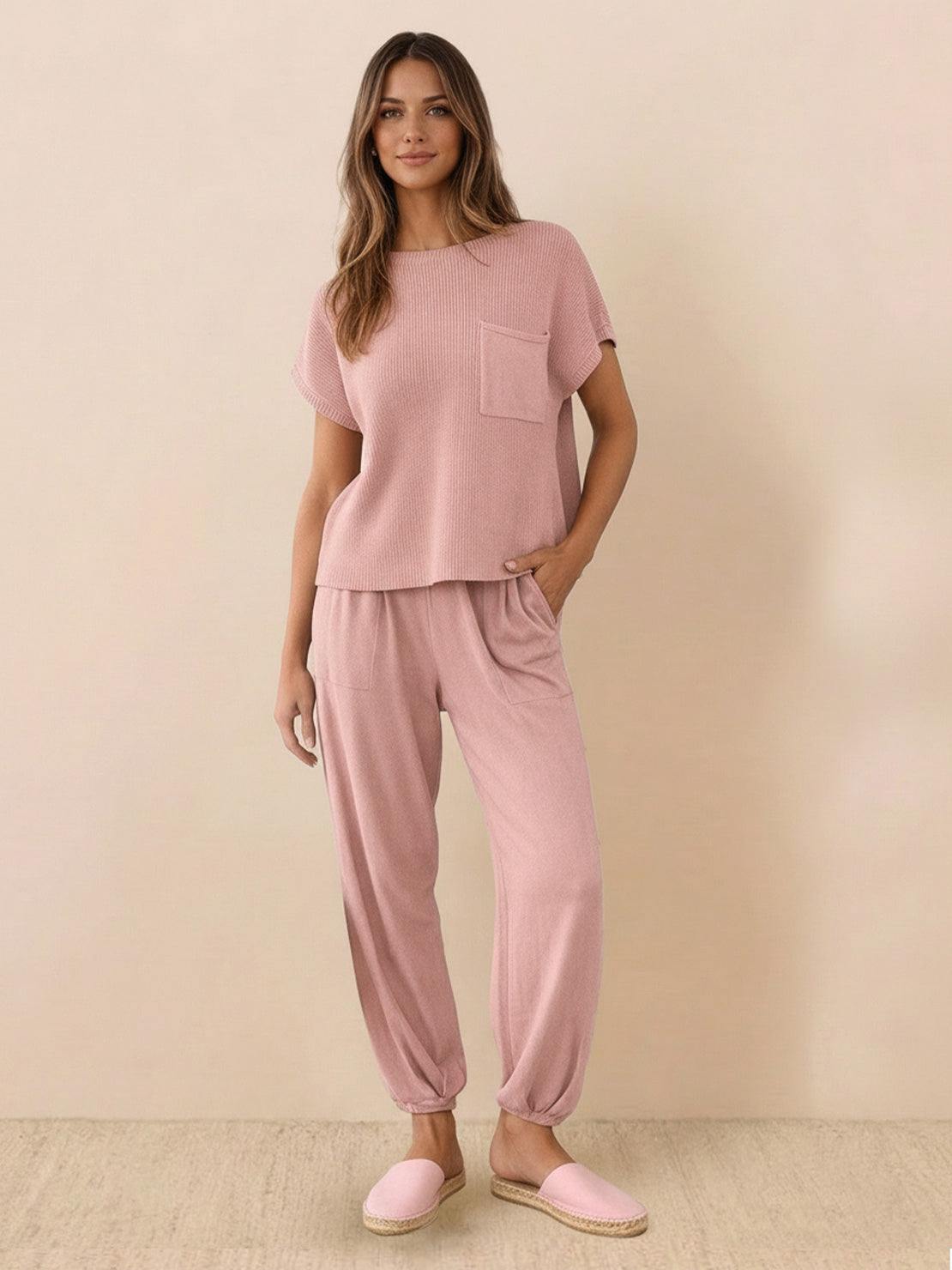 Comfy Couture Knit Sweater two-piece set in soft knit fabric with relaxed fit and matching pants