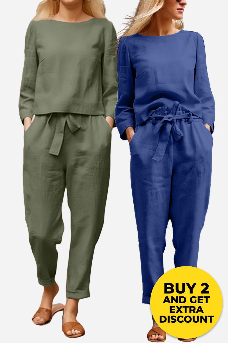two women wearing 100 cotton linen monochrome two-piece sets in olive green and royal blue with long sleeves and pants