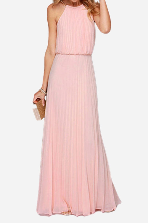 Sleeveless Belted Maxi Pleated Dress