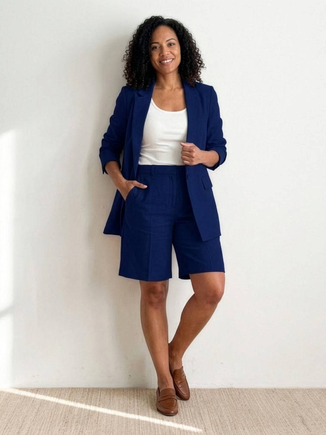 Stylish blazer and shorts two-piece set for elegant and comfortable active lifestyle