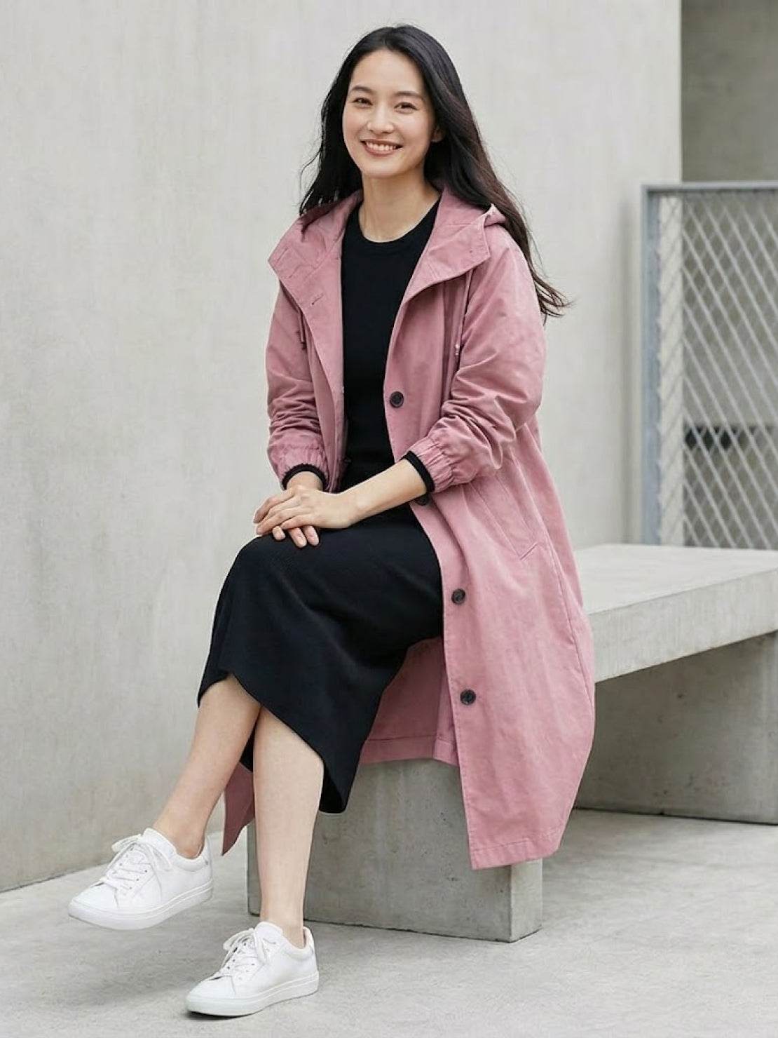 Woman wearing pink Rain Couture Windbreaker oversized water-resistant jacket with black dress and white sneakers sitting on concrete bench