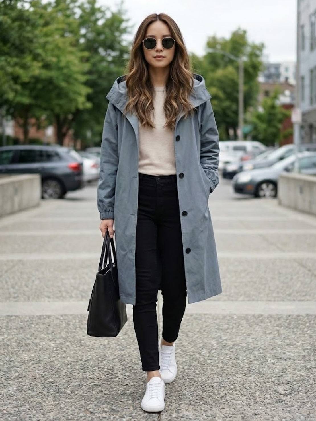 Woman wearing a trendy oversized grey Rain Couture Windbreaker with hood and black pants walking outdoors
