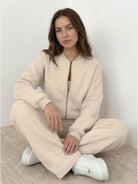The Voyager Zip Set two-piece matching zip-front sweatshirt and wide-leg joggers for travel and casual wear