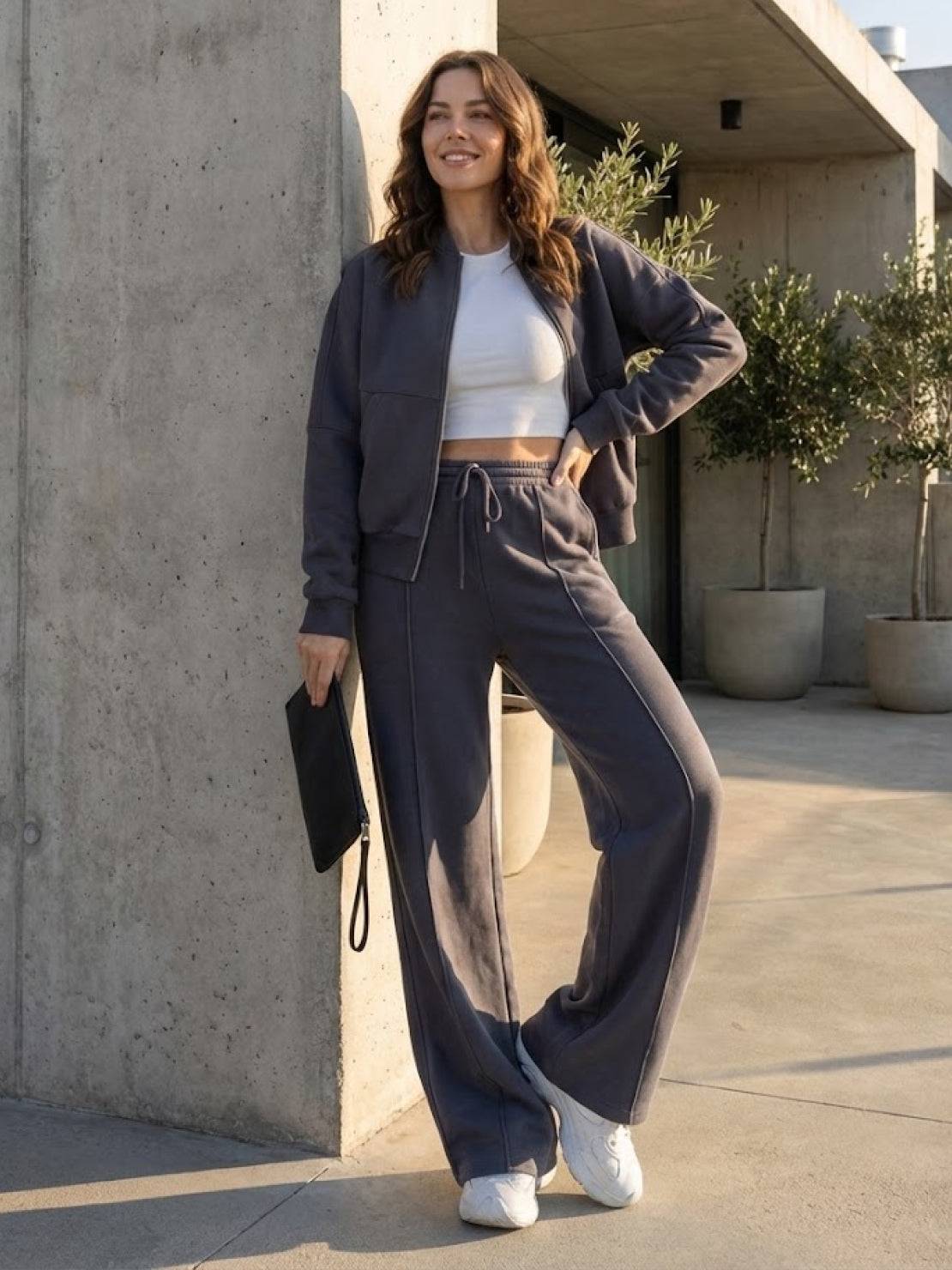 The Voyager Zip Set two-piece matching zip-front sweatshirt and wide-leg joggers in neutral tones for travel and casual style