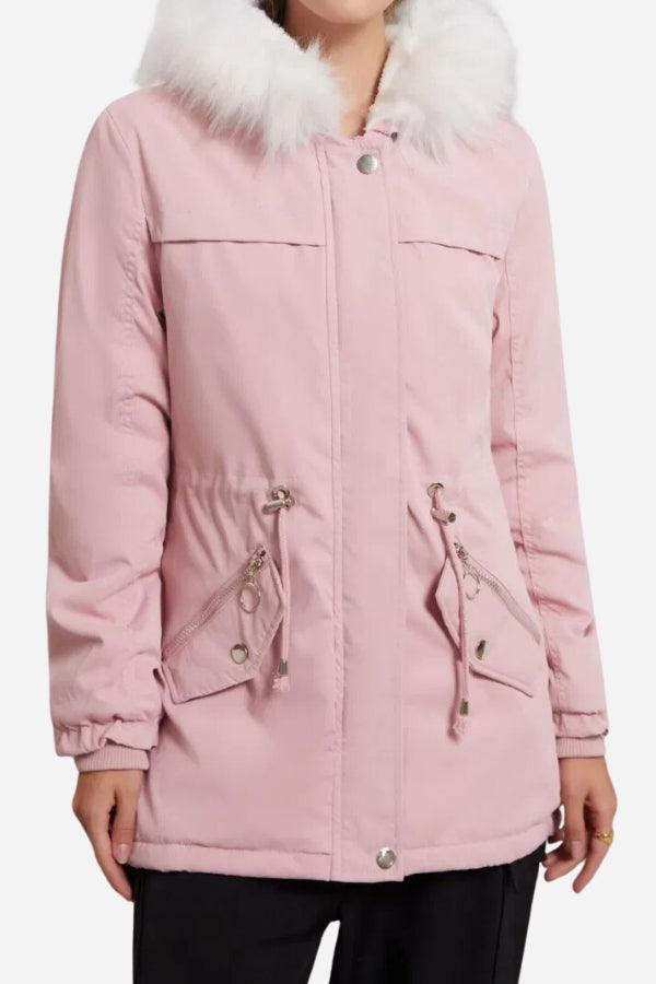 Pink thick long-sleeve zipper overcoat with white fur collar and front pockets